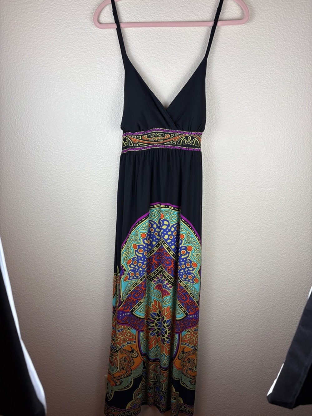 Charming Charlie Bohemian Black Maxi Dress with Colorful Mandala Print Size L